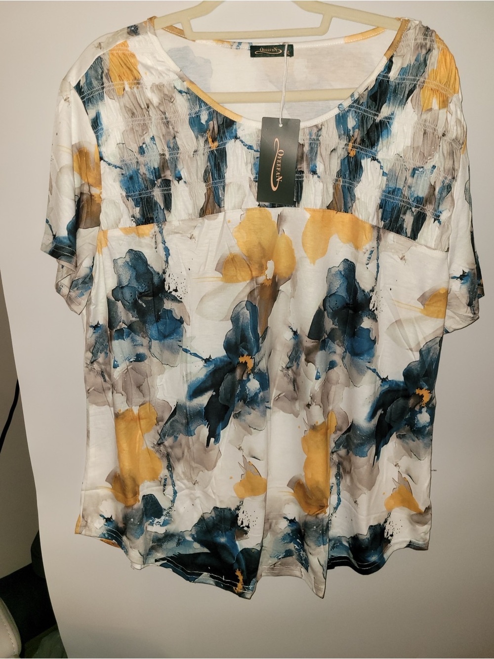 Ofeefan White Short Sleeve Floral Tee with Blue and Yellow Watercolor Print